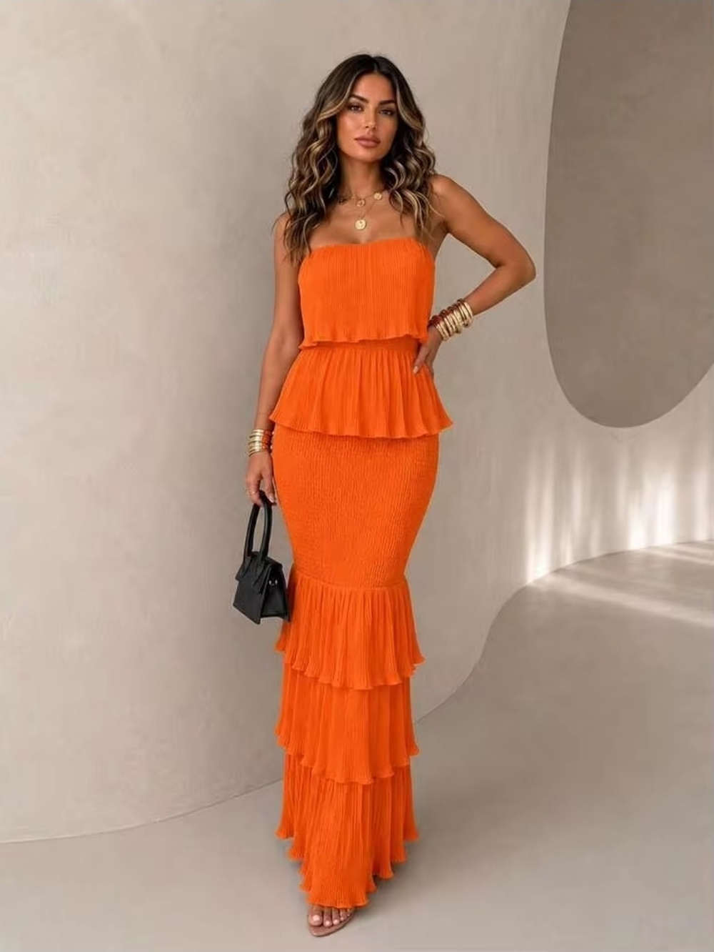 NWOT Strapless Peplum Tiered Orange Maxi Dress Sz S